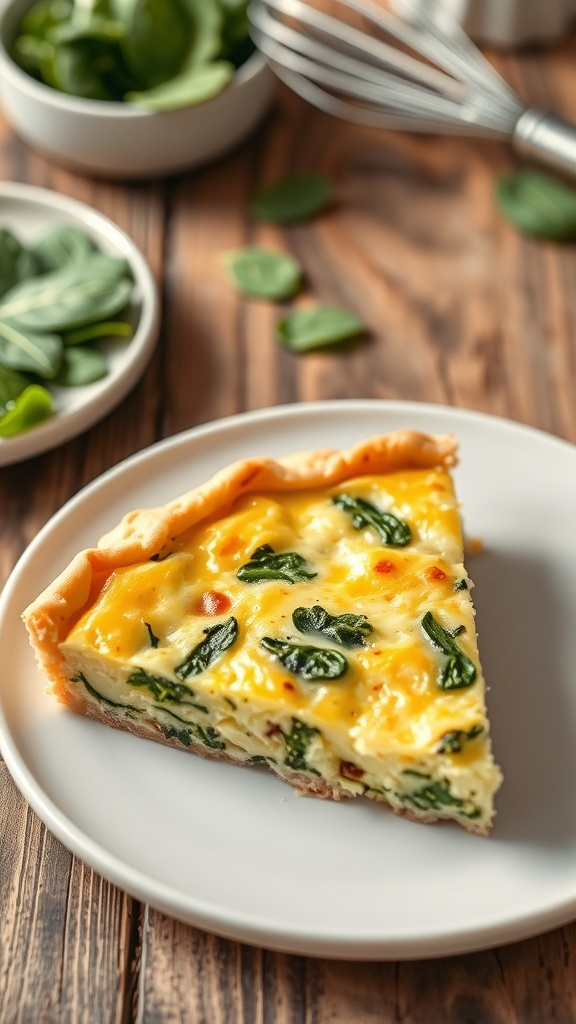 A slice of crustless spinach and cheese quiche on a plate with fresh spinach in the background.